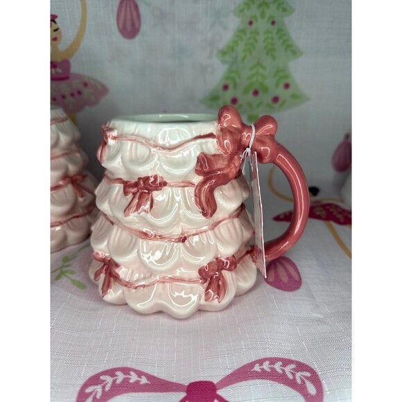 Pink Bow Christmas Tree Mug Coquette with Pink Bows, set of 2 - Picture 2 of 4